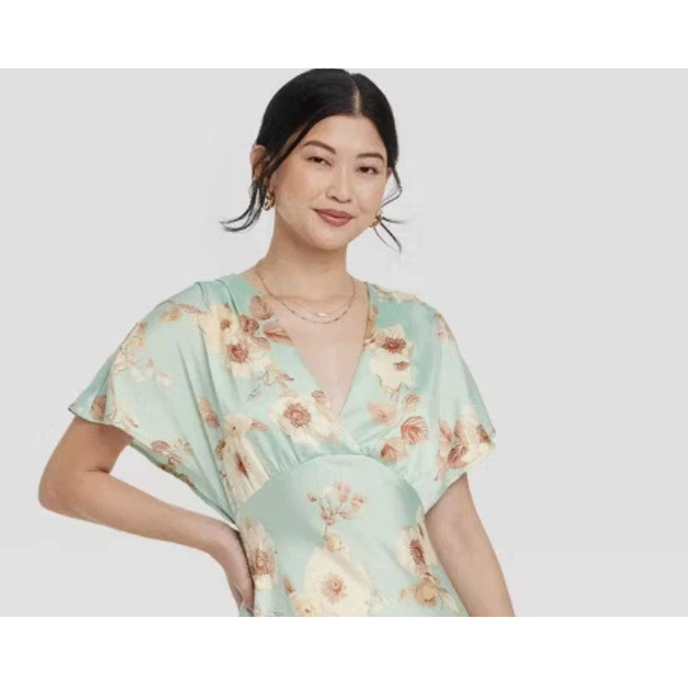 A New Day Women's Satin Flutter Short Sleeve Maxi A Line Dress Mint Floral S